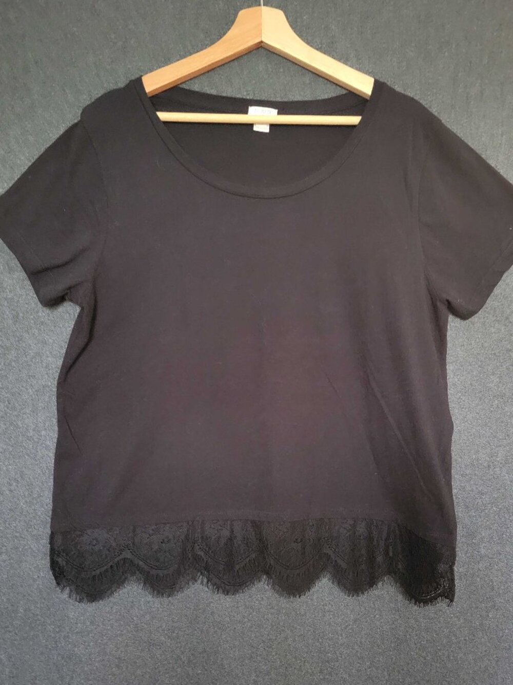 J.Crew Black Soft Cotton T-shirt Crewneck Lace Hem Short Sleeve Women's XL